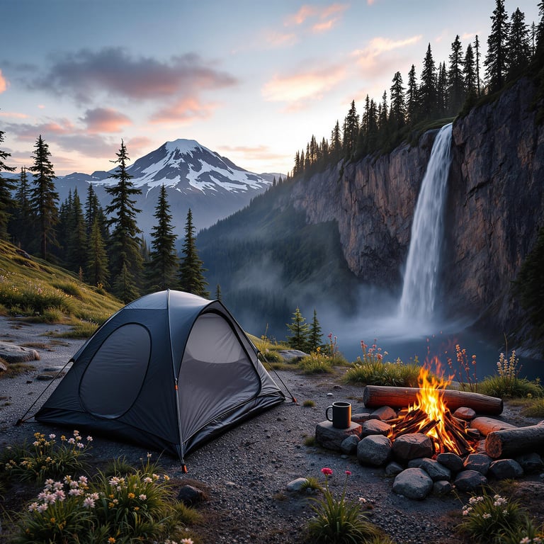 A dark gray tent rests among wildflowers and smooth gravel beneath the clear sky of Mount Rainier. A waterfall spills down a nearby cliff, while a camping mug sits on a log beside the campfire. Warm magic-hour light gives the peaceful campsite a cozy glow.