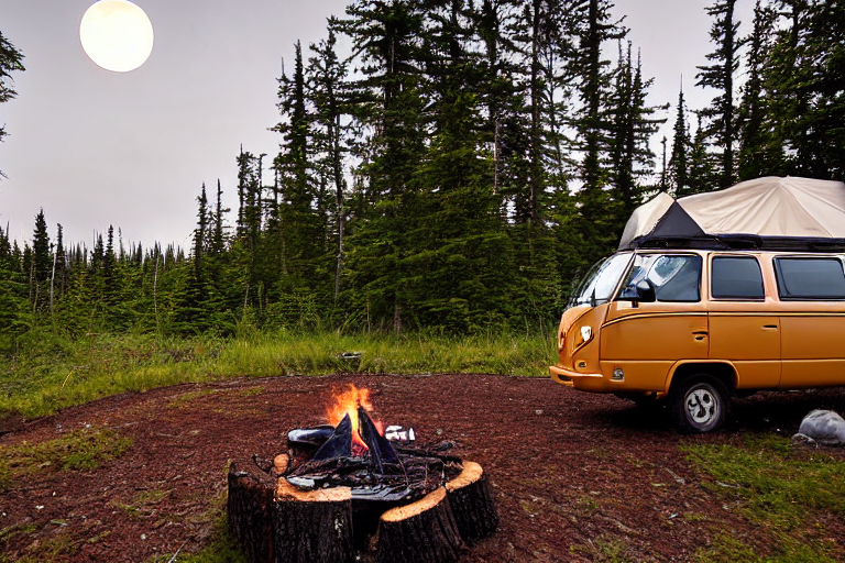 A cozy VW campervan rests at a rainy campsite in Isle Royale National Park. A stone-ringed campfire, wooden logs, and a glowing lantern create a warm feeling on the muddy ground. Far above the trees, a pale moon peeks through the cloudy sky.