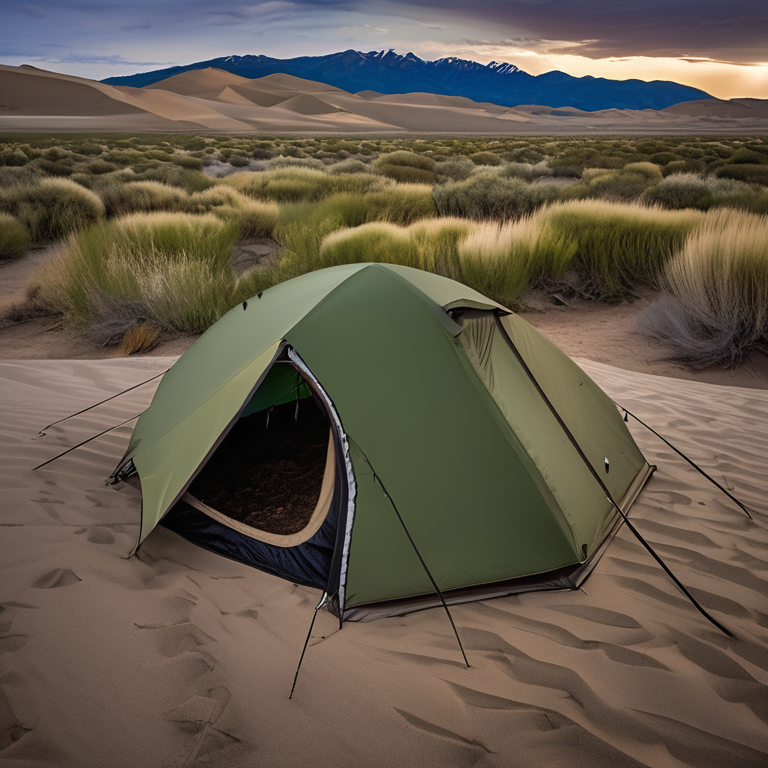 A green and tan tent rests on a dirt campsite beneath the night sky. Tall grass, large stone slabs, and a rock surround the camp, with rolling hills stretching into the cloudy distance.