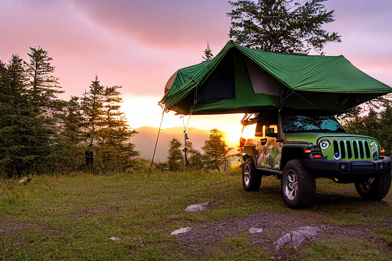 Two green camo Jeeps with rooftop tents sit at a paved campsite in the Smoky Mountains. Rainy sunset light covers the rolling hills, while deer wander in the distance near a quiet hiking path. A white cooler rests beside the camp.
