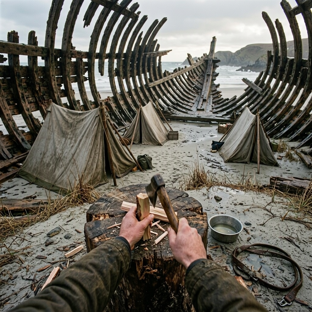 Over my hands, kindling is split inside a shipwreck. Three canvas tents sit beneath the curved ribs, with surf beyond the broken hull.