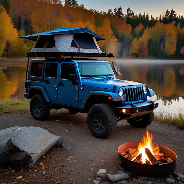 A gray-blue Jeep with a rooftop tent rests beside a quiet lake at sunset. A warm campfire glows among stones and logs, while soft fog and fallen leaves create a peaceful mood.
