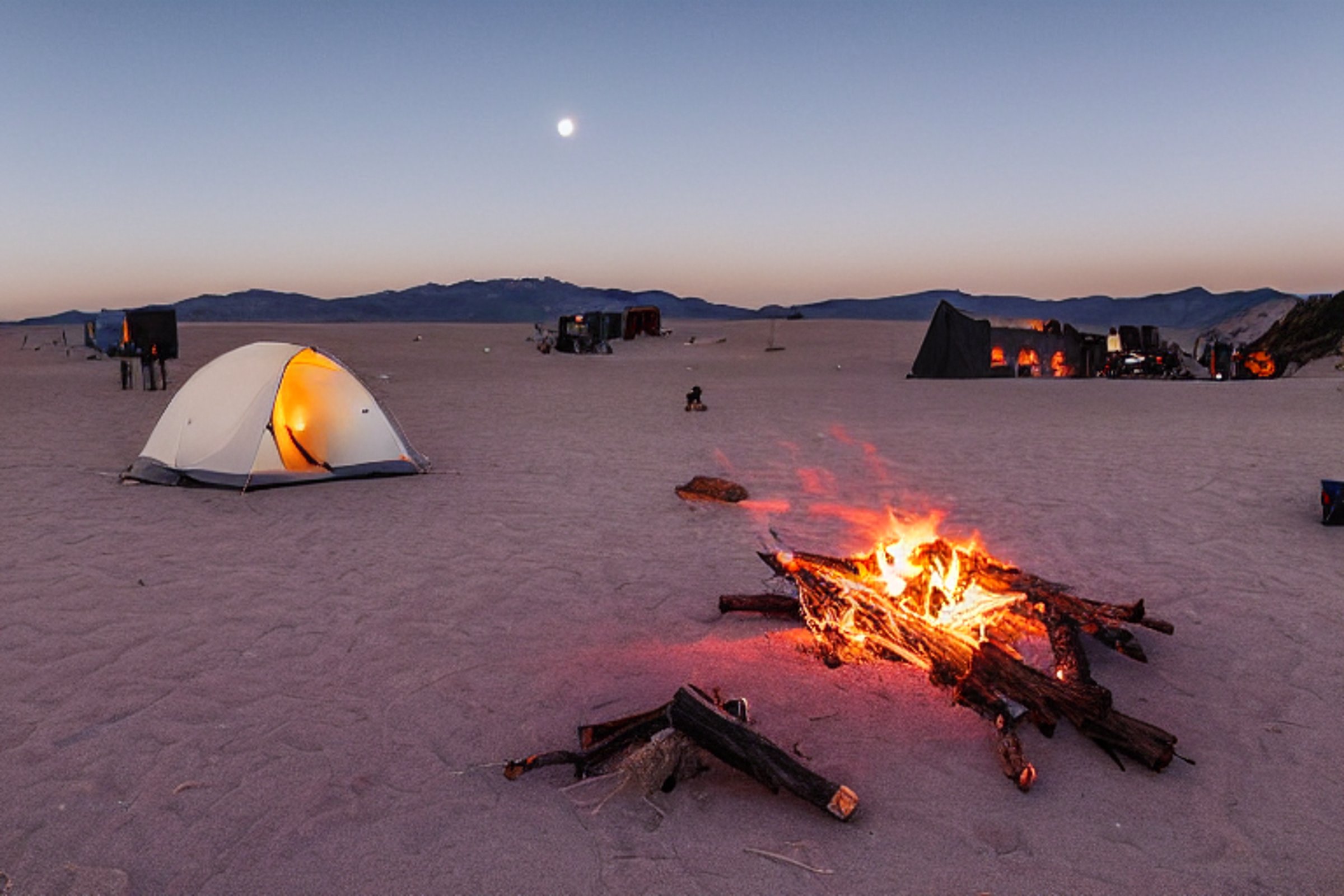 Two blue-gray tents sit on a quiet dirt campsite beneath glowing green northern lights. A warm campfire flickers among the logs, while the moon shines over the distant sand dunes.