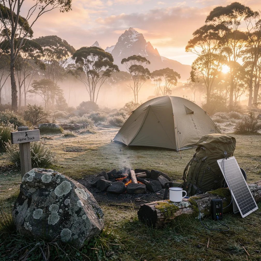 A quiet alpine campsite sits in a small clearing as the sun rises, shining warm light through thin fog. An olive green tent rests near a big weathered rock, with snowy mountains peeking in the distance. A mug waits on a fallen log by a small fire ring, and a little solar panel charges a pack nearby. The air feels cool, calm, and full of early morning wonder.