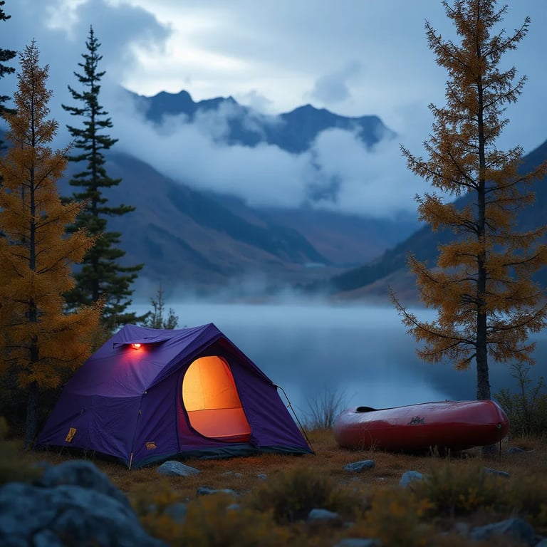 A purple tent rests among bright fall trees in Denali National Park. A canoe lies nearby, while soft mist drifts through the quiet campsite. From above, the glowing tent feels warm and cozy beneath the cloudy sky.