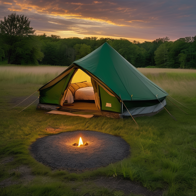 A green tent rests on a quiet campsite in Upstate New York. Overgrown grass, a large rock, and a glowing lantern surround the dirt clearing as sunset light shines through the cloudy sky.