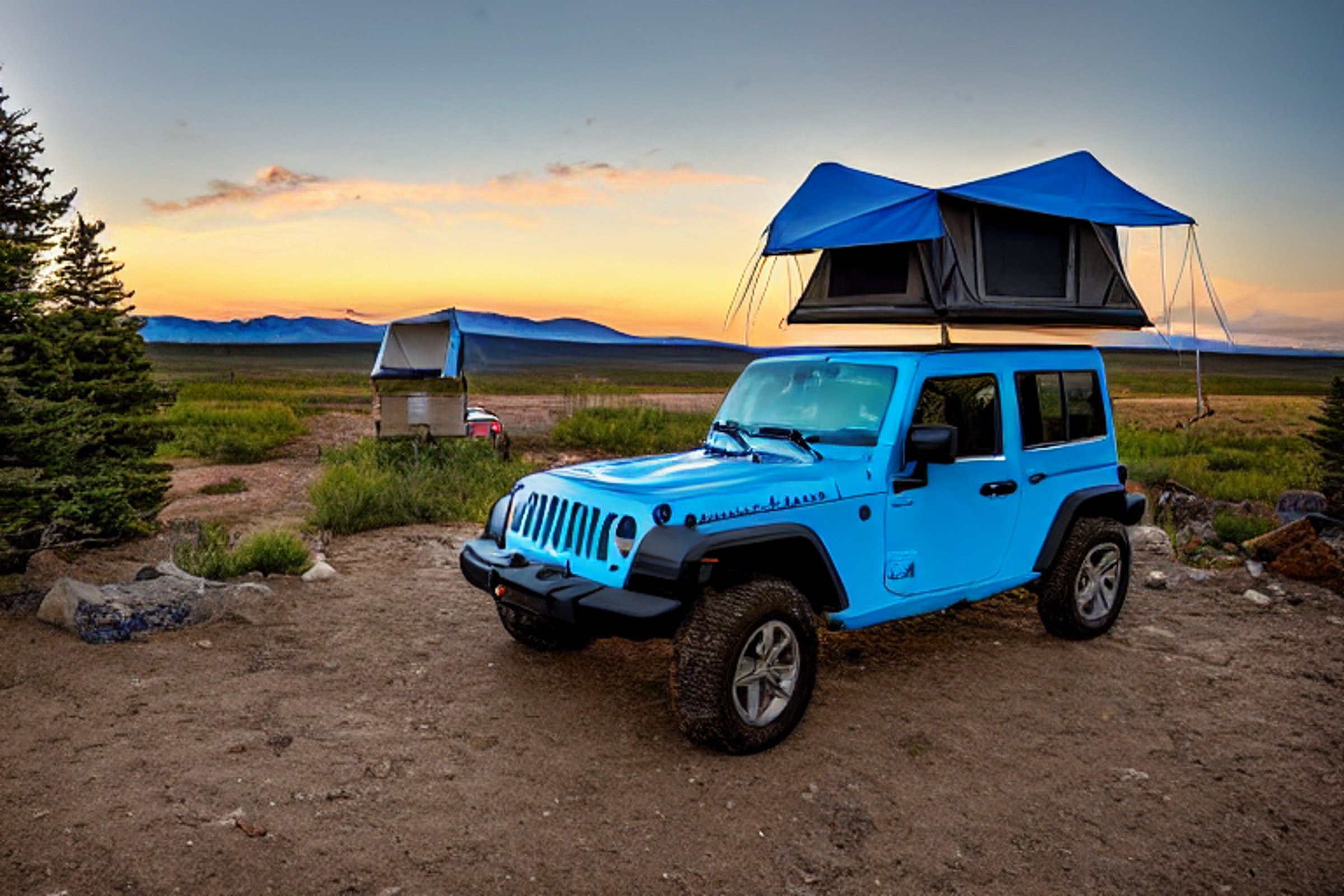 A blue-gray Jeep with a rooftop tent rests on a dirt campsite in snowy Montana. A winding trail, picnic table, and small wildflowers surround the camp as the sun sets over the quiet landscape.