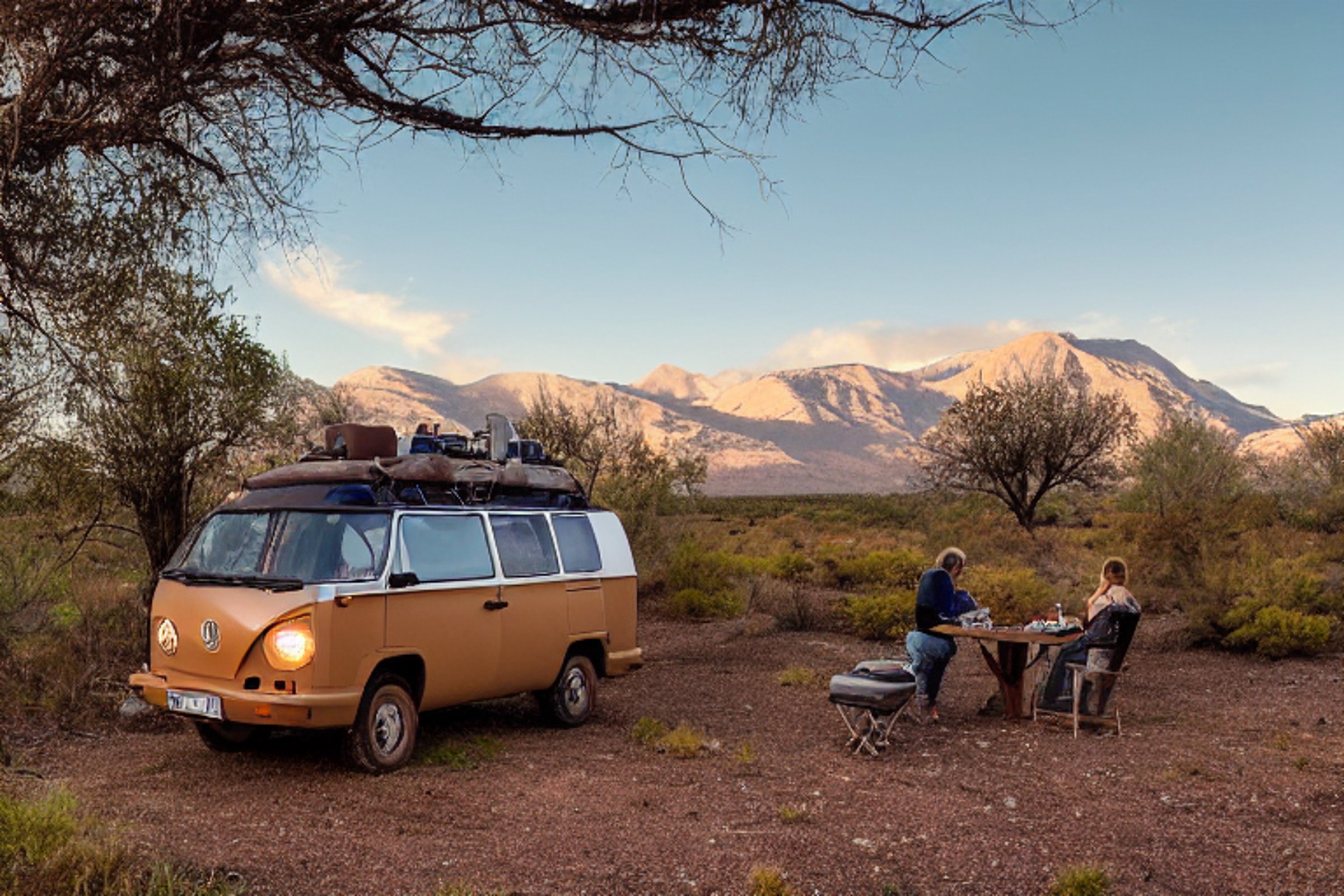 Two brown campervans rest on a paved campsite in the New Mexico desert at dusk. Mountains and rolling hills stretch into the distance, while birds fly across the clear sky. A person’s flashlight glows near the mossy trees.