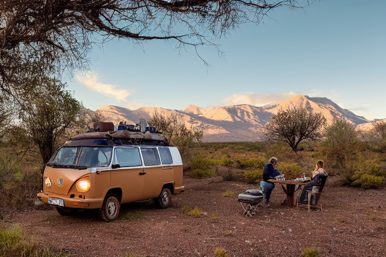 Two brown campervans rest on a paved campsite in the New Mexico desert at dusk. Mountains and rolling hills stretch into the distance, while birds fly across the clear sky. A person’s flashlight glows near the mossy trees.