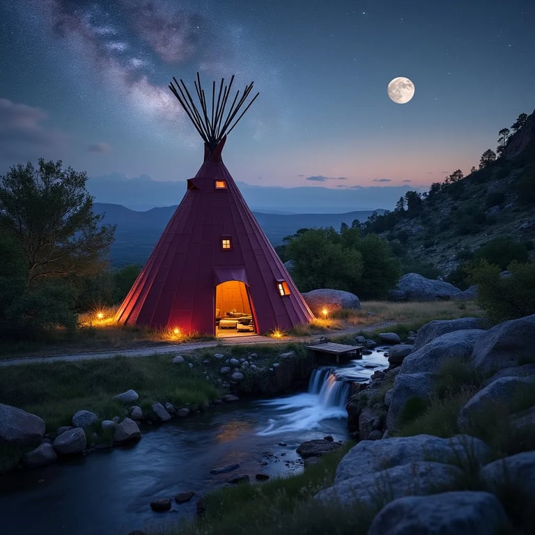 A burgundy tepee rests among rocky hills and tall, wild grass in Big Bend National Park. A small waterfall trickles nearby as meteors streak across the moonlit sky.