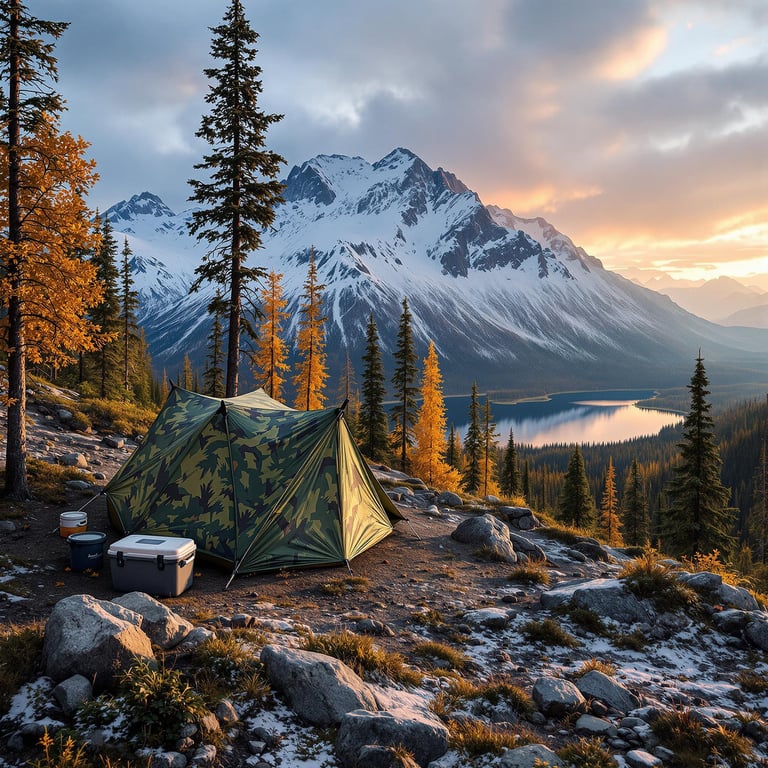 A green camo tarp shelter rests in the wild Alaskan forest at sunrise. Bright fall trees surround the camp, with a lake shining nearby. Hikers, a cooler, and a bear-proof food container make this rugged campsite feel ready for adventure.