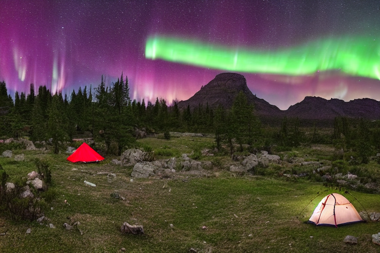 A red-and-white tent rests beside a warm campfire in the rainy night. Mossy trees and rolling hills surround the campsite, while green auroras glow above. A small lantern lights the muddy ground nearby.