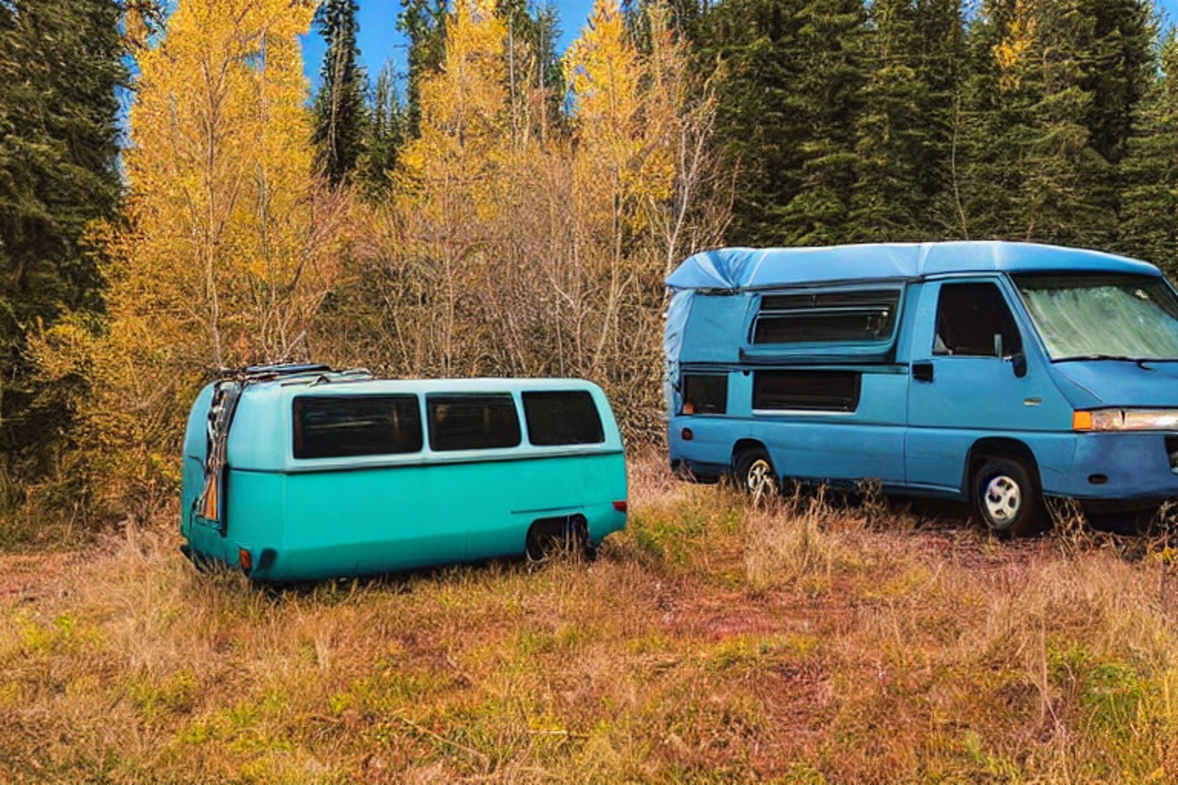 A blue van rests beside a warm campfire on a quiet dirt clearing. Fall-colored trees surround the campsite, while deer wander in the distance and birds cross the sky beneath the glowing aurora.