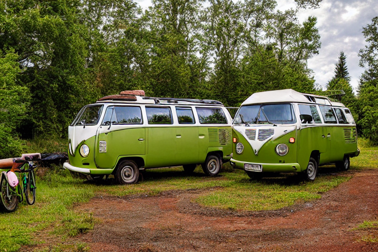 A green campervan rests on a quiet paved campsite beside a river. Tall grass, large bushes, and wet ground surround the area, while a campfire glows among the logs. The rainy sunset gives the scene a cozy, peaceful feeling.