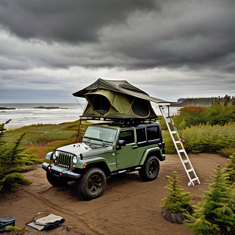 A green camo Jeep with an open rooftop tent rests on a rough dirt campsite along the stormy Maine coast. Clothes sway on a simple line, while surfers move near the water and fallen leaves cover the ground.