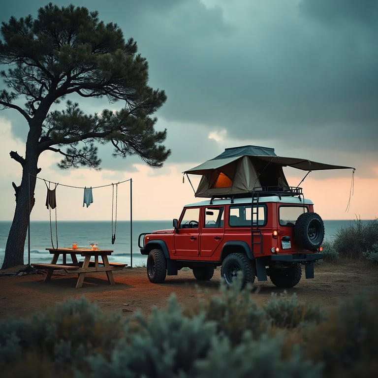A red and white Subaru sits on a beach beneath a dark, stormy sky, with its rooftop tent open to the sea. Clothes sway on a line, while a picnic table and rope swing rest beneath a sturdy tree. Nearby hikers enjoy the wild, peaceful campsite.
