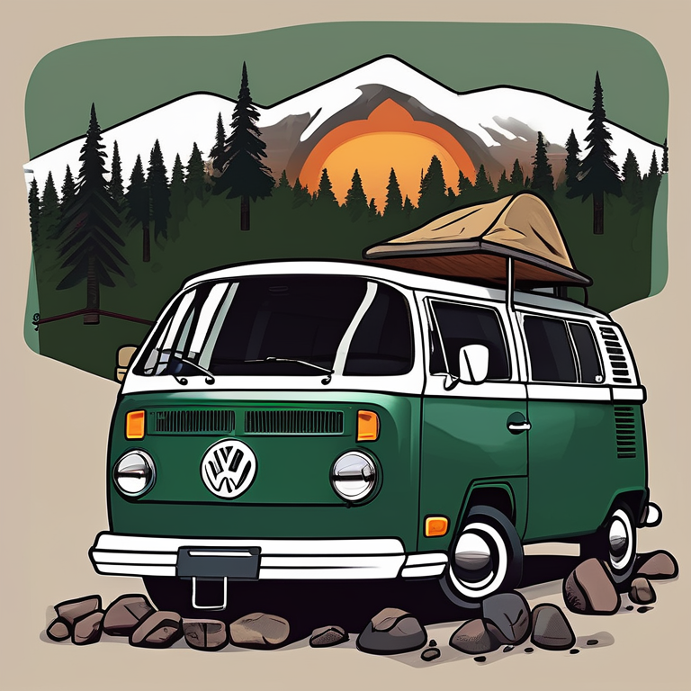 A forest green campervan rests on a quiet dirt campsite in the snowy Smoky Mountains. Tall trees surround the camp, with clothes hanging on a line and a stone-ringed fire nearby. Soft sunrise light makes the peaceful scene glow.