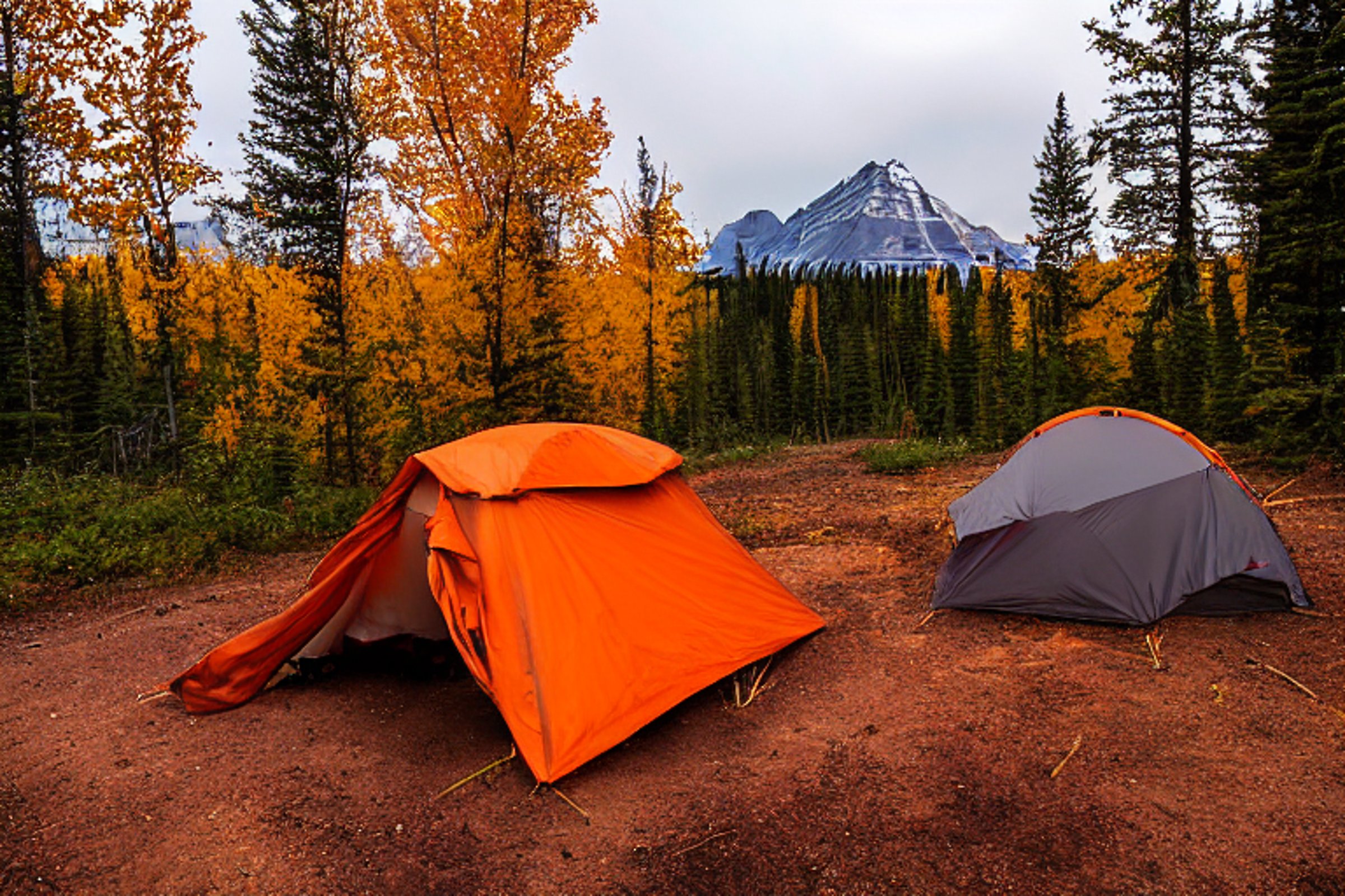 An orange tent rests on a quiet dirt campsite in Glacier National Park. Rainy sunset light glows through the colorful fall trees, with a campfire and large log nearby. A small hiking path winds through the peaceful woods.