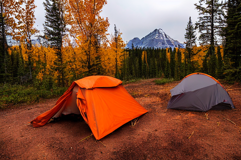 An orange tent rests on a quiet dirt campsite in Glacier National Park. Rainy sunset light glows through the colorful fall trees, with a campfire and large log nearby. A small hiking path winds through the peaceful woods.