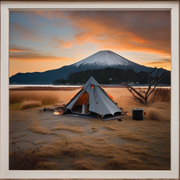 A gray and orange tent rests on a quiet paved campsite in snowy Miyajima. A campfire and logs sit in the middle, surrounded by tall grass, a gear box, and scattered twigs. Golden light gives the peaceful scene a warm glow.