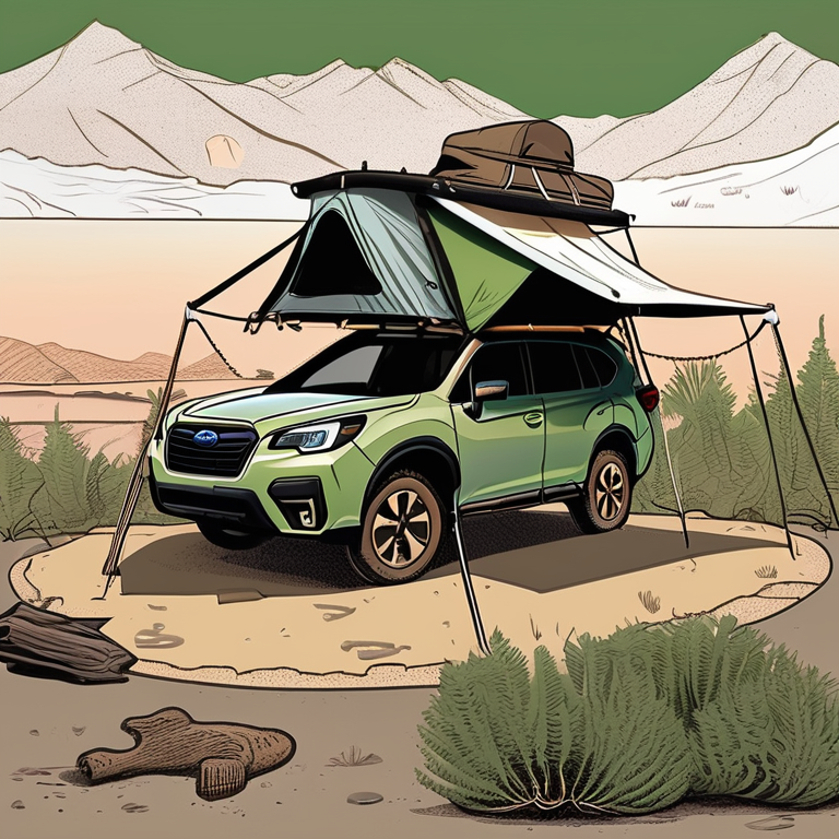 A green and tan Subaru sits at a quiet campsite near a warm hot spring. Snowy weather, soft sunset light, ferns, and tall bushes create a peaceful setting. Clothes hang from a line beside the open rooftop tent.
