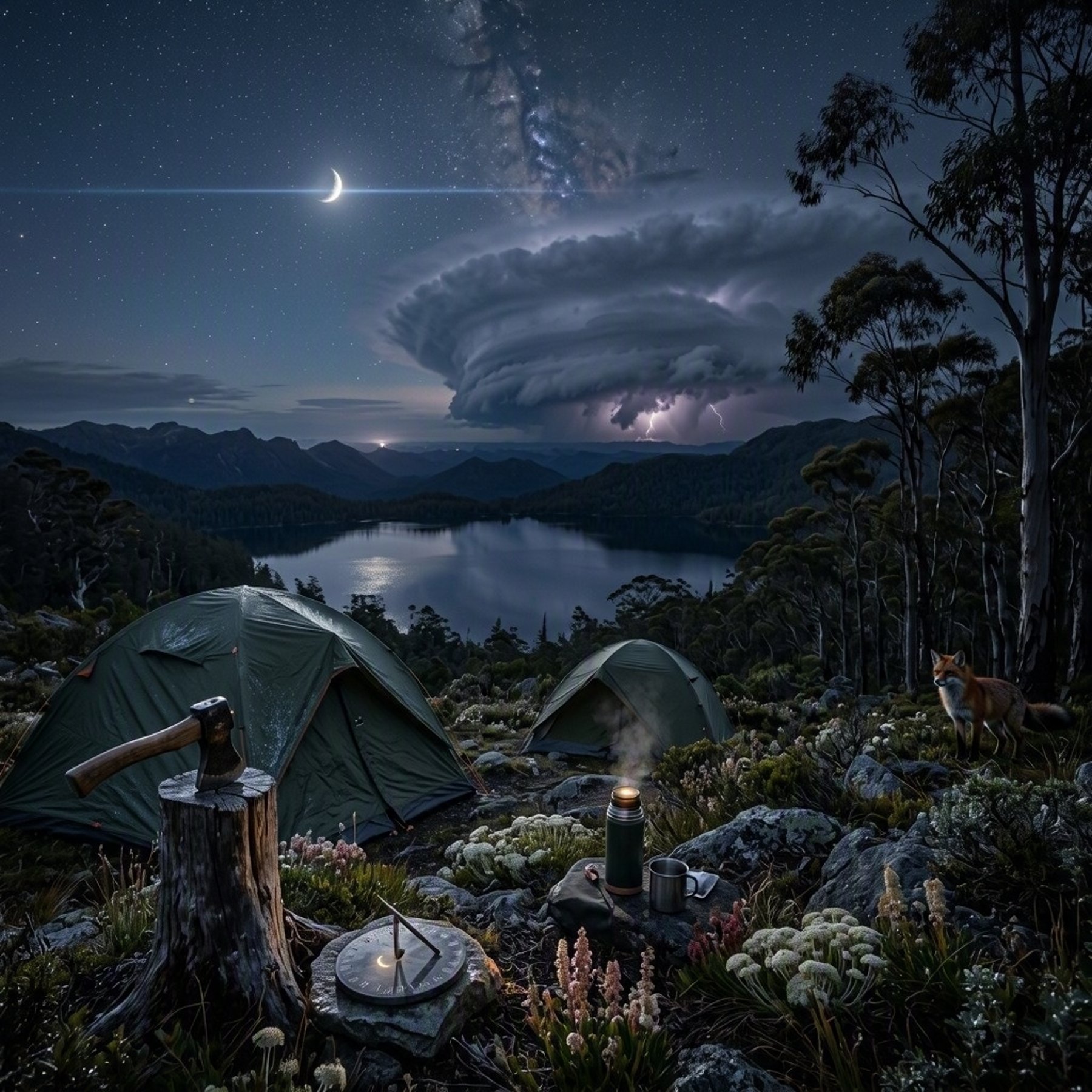 Two green tents rest among eucalyptus trees beside Lake Dobson, glowing softly under the moonlit sky. Wildflowers, a stump with an axe, and a steaming coffee thermos add cozy details. In the distance, a storm flickers while a red fox watches from the treeline.