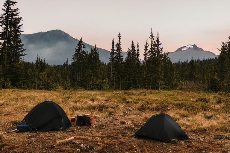 A black tent rests on a quiet campsite as soft sunrise light shines through the fog. Mountains rise in the distance, while a campfire, logs, and a backpack sit among the overgrown grass. A deer grazes far away, adding to the peaceful morning scene.