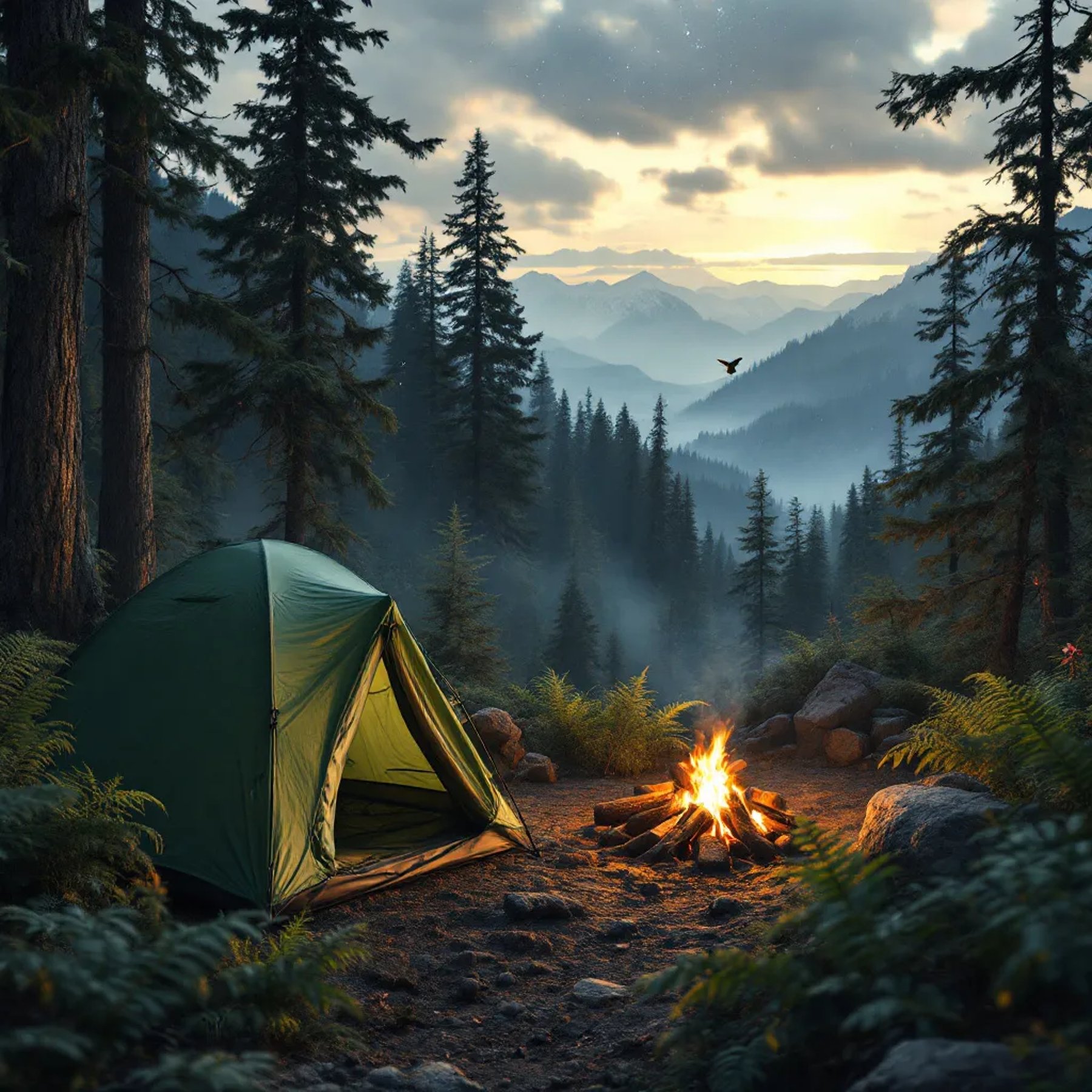 A green tent rests among ferns in a quiet forest clearing, with logs gathered around a warm campfire. From the mountain above, you can spot a tiny flashlight, a hummingbird near a flower, and stars shining through the trees.