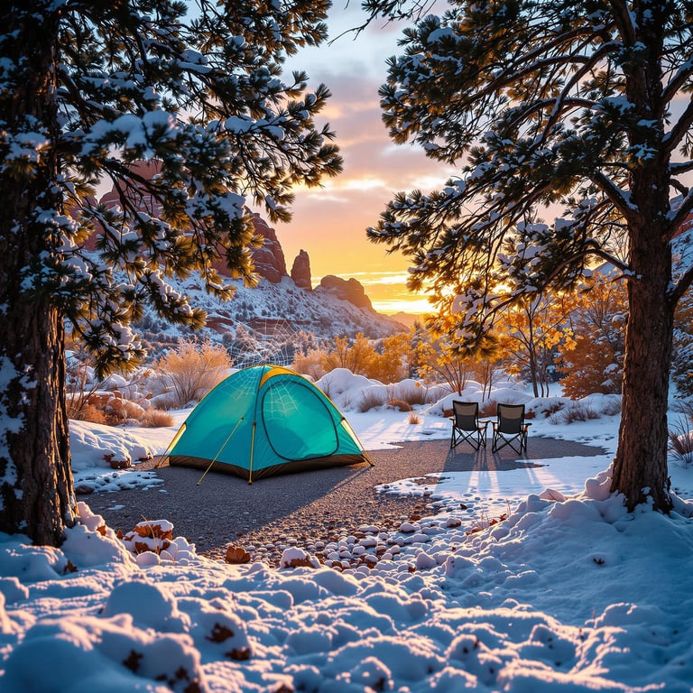 A bright blue tent sits cozy under snow-covered trees as the golden sun rises over rocky mountains. Two chairs face the stunning view, perfect for watching the peaceful winter landscape. It's a magical, snowy morning in nature's quiet wonderland.