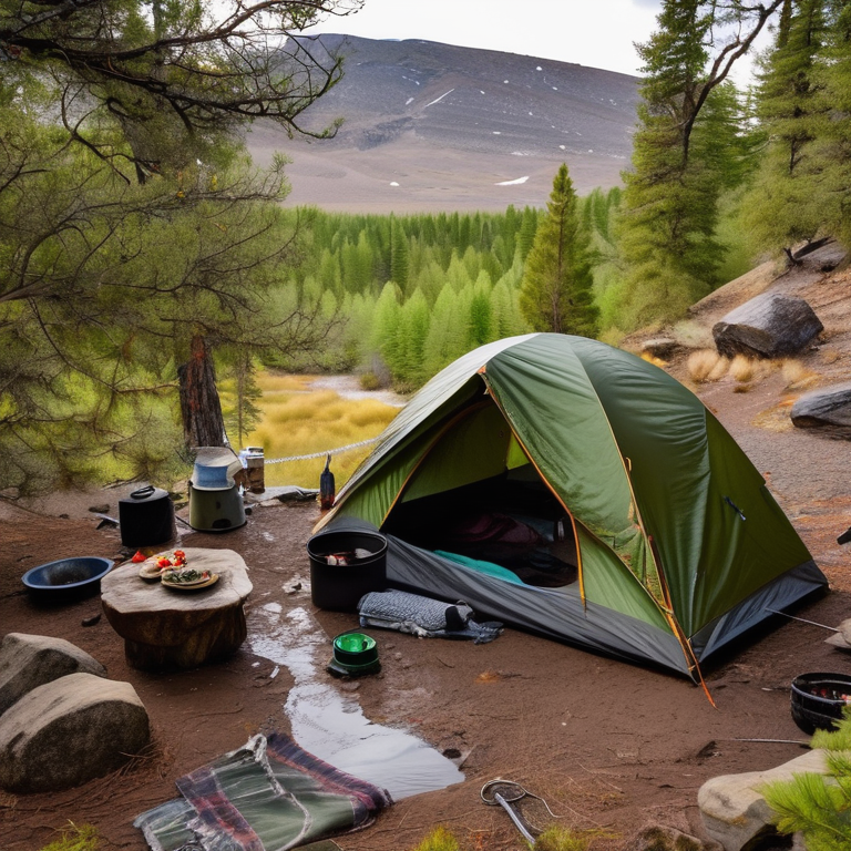 A green camo tent rests beside a warm hot spring and a small campfire on a rainy day. Boulders, berry bushes, and a clothesline add charm to the muddy campsite, while a person with a flashlight stands in the distance.