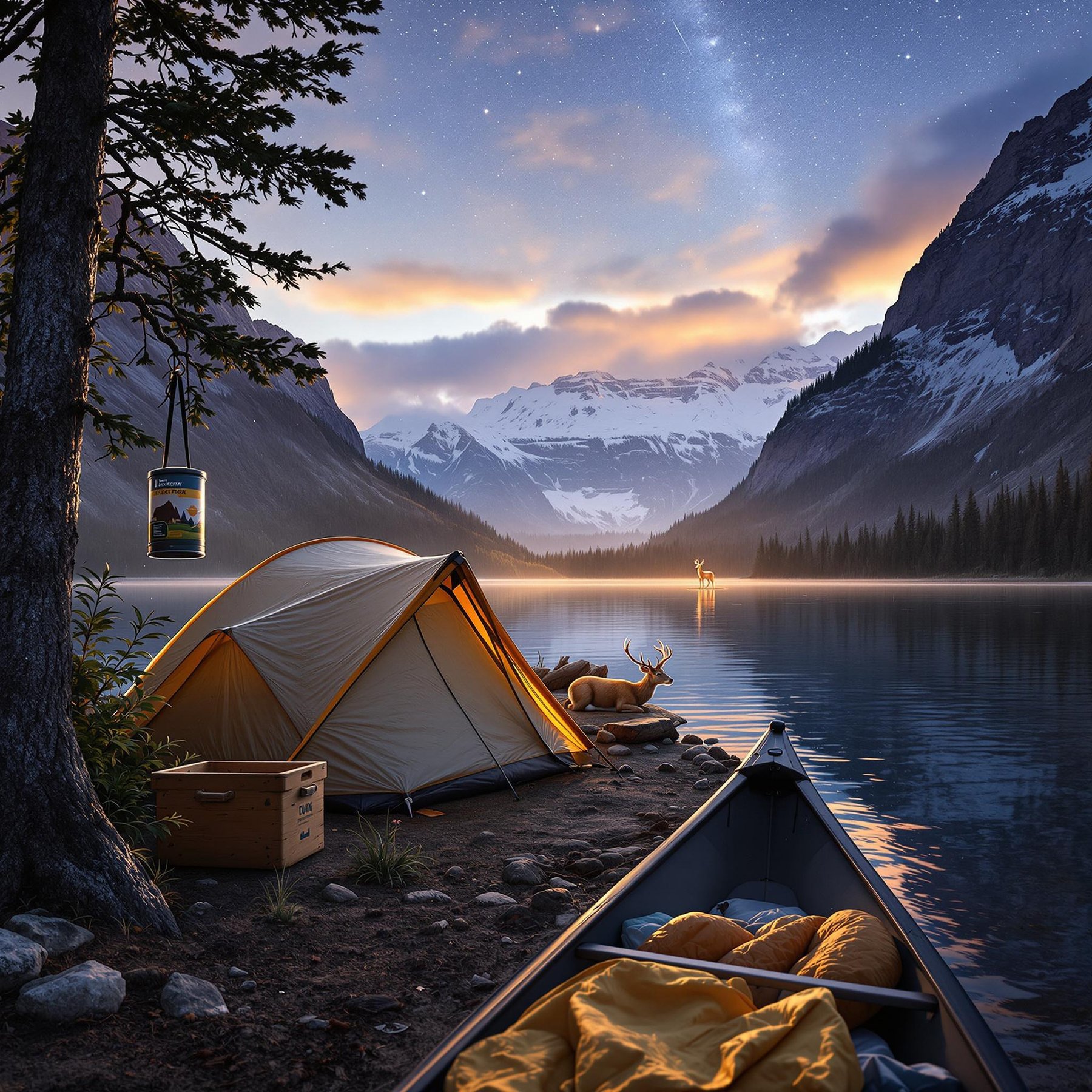 A cozy tent sits by a calm lake surrounded by tall mountains and pine trees. The stars twinkle in the sky while deer rest nearby. Everything feels peaceful and magical in this wild place.