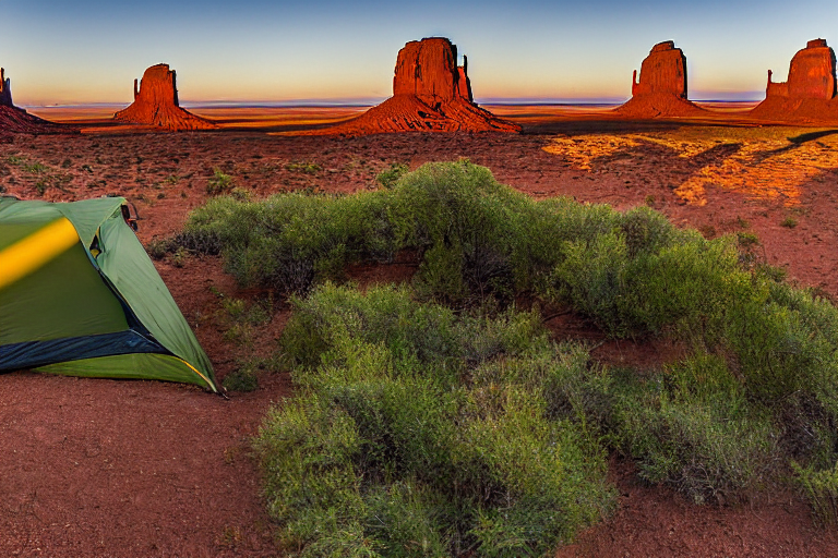 A cozy tent rests on a dirt clearing in Monument Valley as the sun sets. A warm campfire and glowing lantern light the leafy campsite, surrounded by bushes and tall trees.