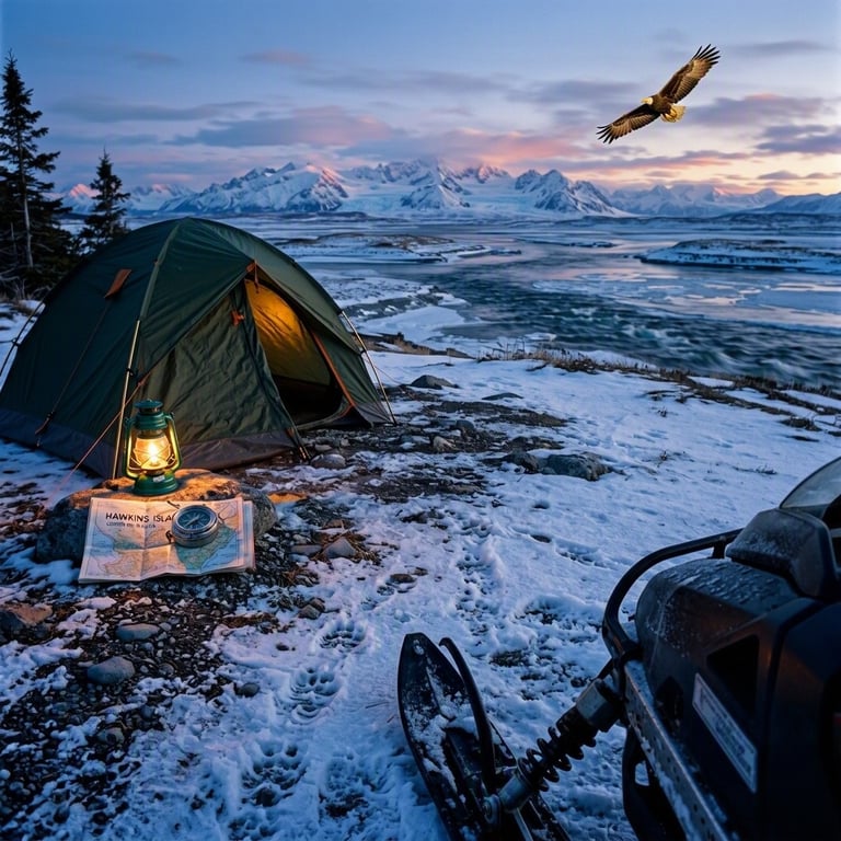 A quiet green tent rests on snowy gravel beside a rushing tidal channel. A warm lantern glows by the door, while a golden eagle glides through the blue dusk above hazy mountains.
