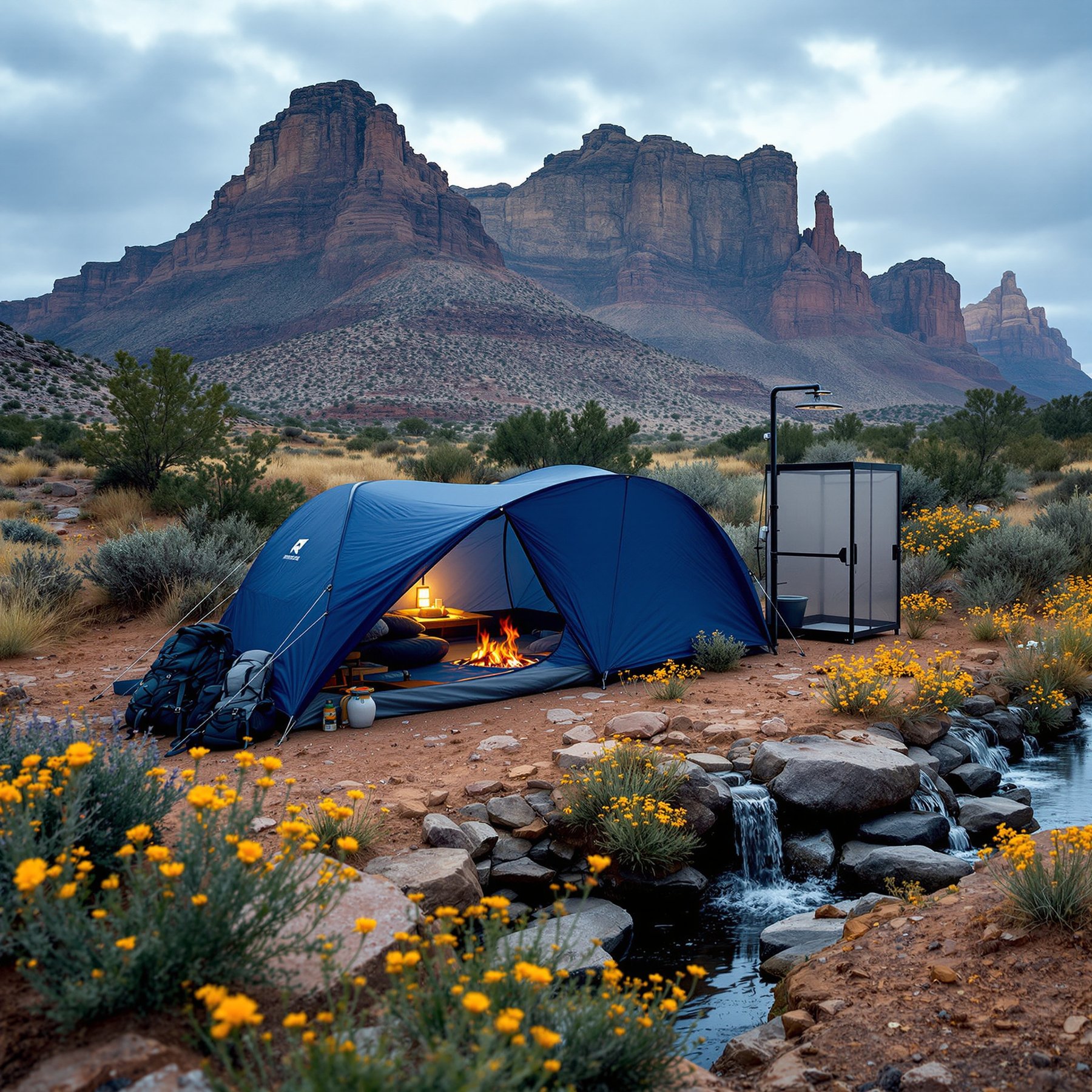 Camp beside a gentle stream, surrounded by bright yellow wildflowers and big red rock mountains. A cozy blue tent and warm fire make it feel safe and fun. The quiet nature and pretty view are perfect for an outdoor adventure.