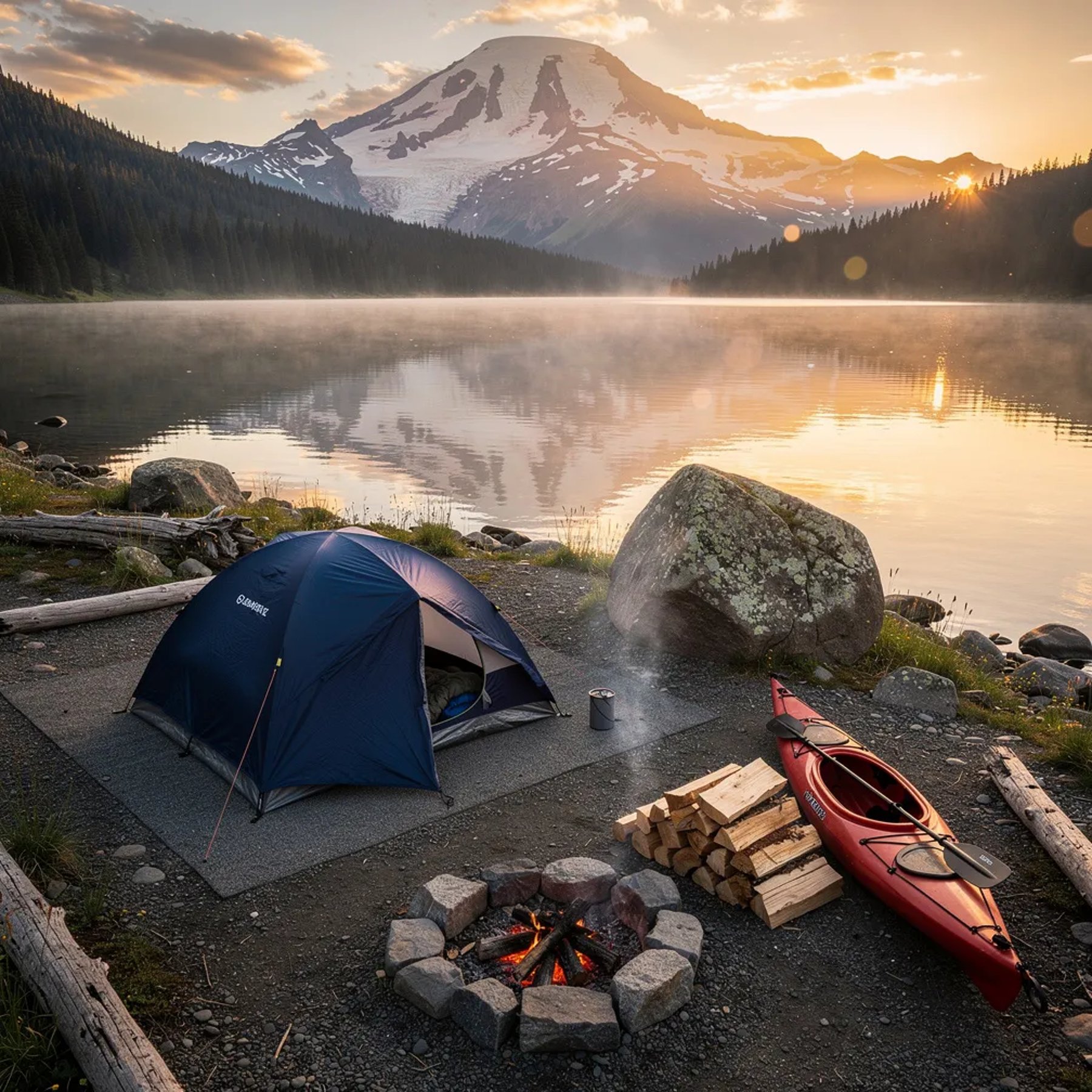 A navy blue tent sits by a calm lake, glowing in warm sunset light. A small fire ring smolders with neat stacks of logs, and a lone kayak rests at the water’s edge. Dark volcanic rocks and a big boulder frame the shore, while a snowy mountain rises far away in soft haze. The whole place feels quiet, cozy, and still.