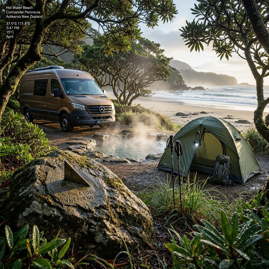 A quiet campsite rests in a mossy coastal forest beside a steaming hot pool. A brown van and green tent sit among wet plants, with the ocean glowing softly beyond the beach. A weathered rock, hiking poles, and a hanging headlamp add a cozy sense of adventure.