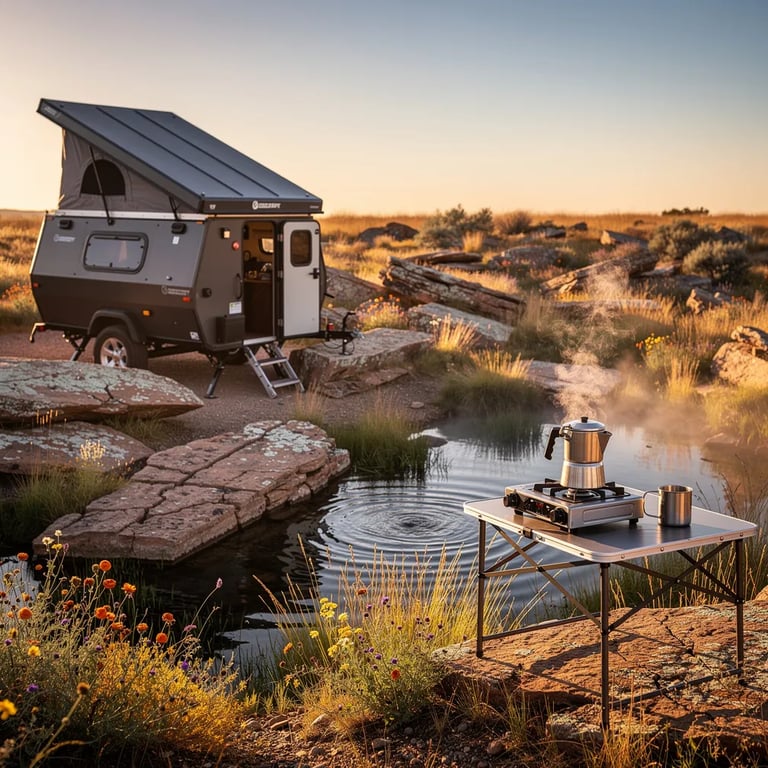 Warm golden sunlight washes over a quiet desert oasis, where a small spring glimmers in the grass. Weathered stone slabs sit like old steps, with tiny wildflowers blooming along the edge. A dark gray pop-up camper rests nearby, and a little coffee pot steams on the table as the air stays soft and calm.