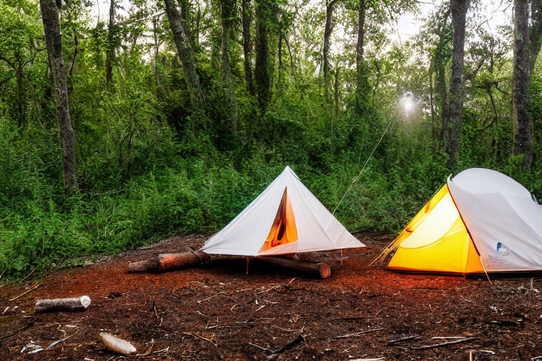 A white tent rests beside a cozy campfire in Biscayne National Park. Ferns, stones, and logs surround the dirt campsite as soft fog drifts through the warm sunset light.