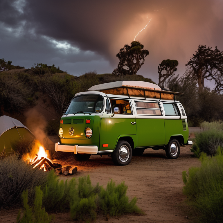 A green VW campervan rests in a quiet dirt campsite by the California coast. Tall grass and small trees surround a glowing campfire, while stormy sunset clouds fill the sky.