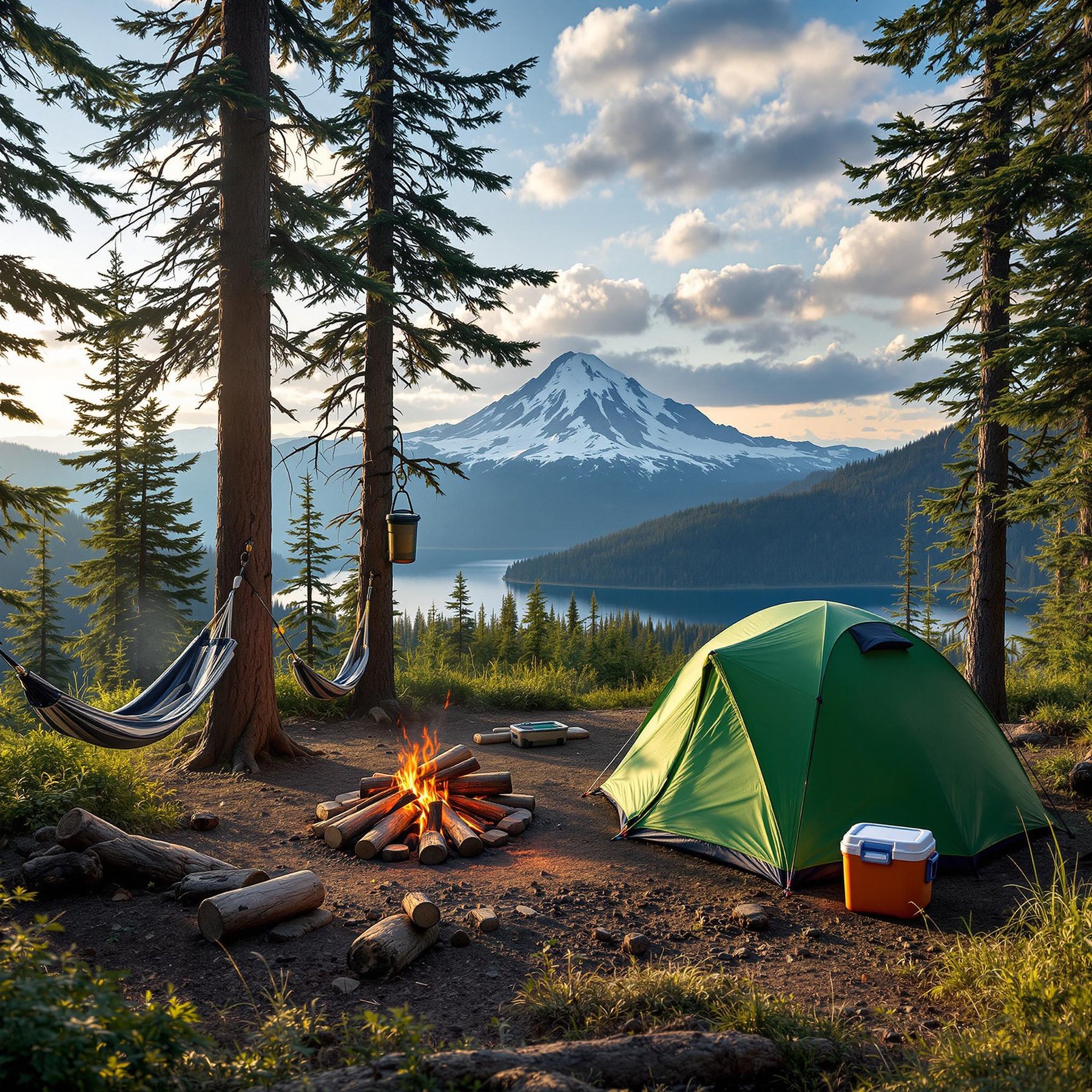 A green tent rests among the trees near Mount Rainier, with a campfire glowing beside it. A quiet lake reflects the sunny, partly cloudy sky, while a hammock waits nearby for a peaceful afternoon.