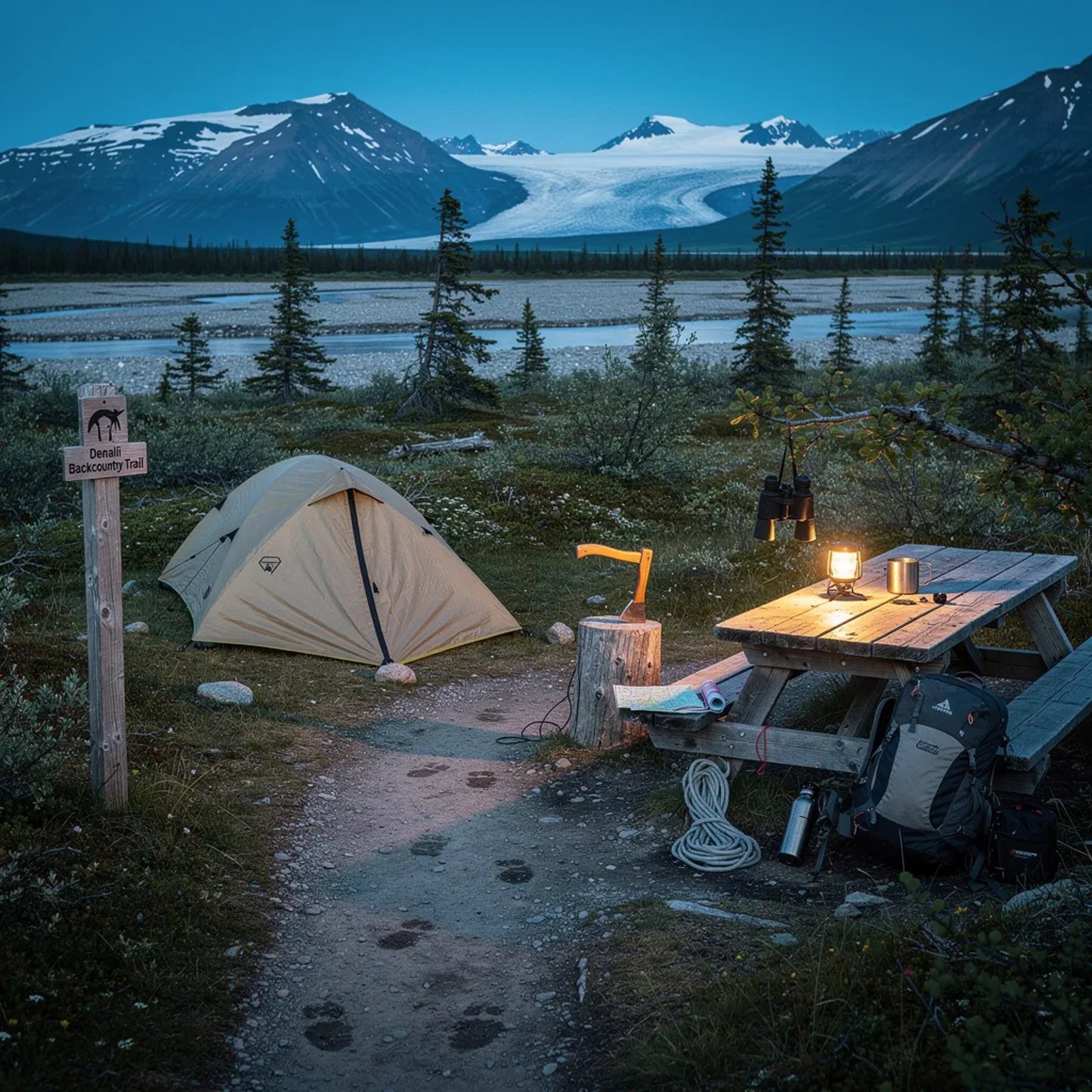 A sandy bivy sits on a small rise beside a wide gravel river, with tundra and a few spruces all around. The air feels quiet and cool in the blue twilight, lit by a soft little lantern. A worn picnic table, an axe in a stump, and binoculars on a branch make it look ready for a wild Alaska night, while a faint meteor streaks across the sky.