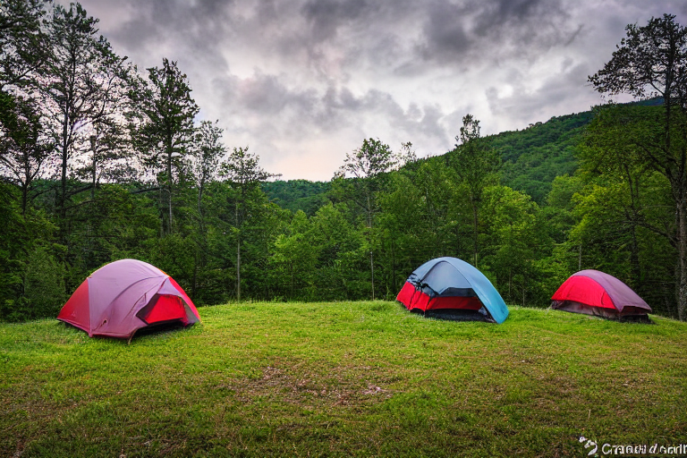A colorful tent rests on a rocky campsite beneath a star-filled, stormy sky. Small trees and distant mountains surround the scene, while surfers add a surprising touch near the camp.