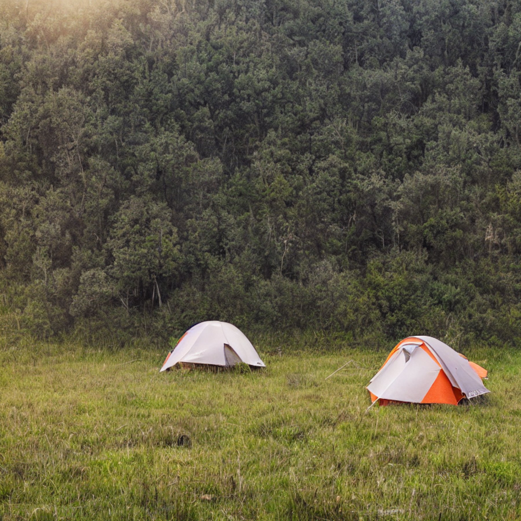 A cozy tent rests on a paved campsite beside a quiet lake. Tall grass, rolling hills, and soft fog create a peaceful sunset setting. A small dirt patch and fallen twig add a natural touch.