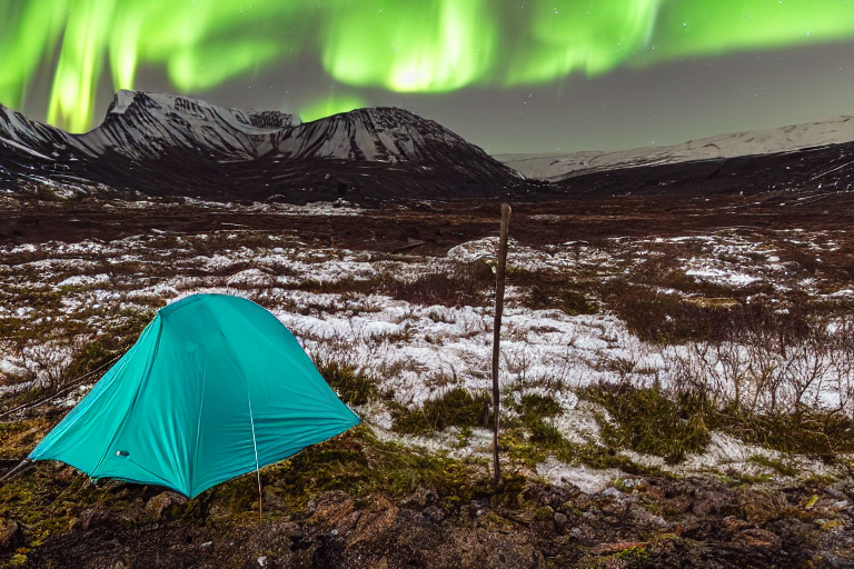 A teal tent rests on a rocky dirt campsite in snowy Iceland. A clear stream winds through the camp, while bright green auroras dance across the night sky. A large rock and a small twig add a wild, cozy touch.