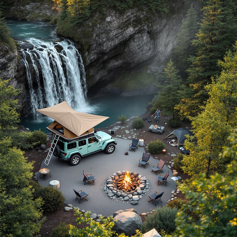 A mint green Jeep with an open rooftop tent rests beside a sunny waterfall. Camp chairs sit on the rocky ground near a fire where marshmallows roast. Small trees and rushing water make this campsite feel bright and peaceful.