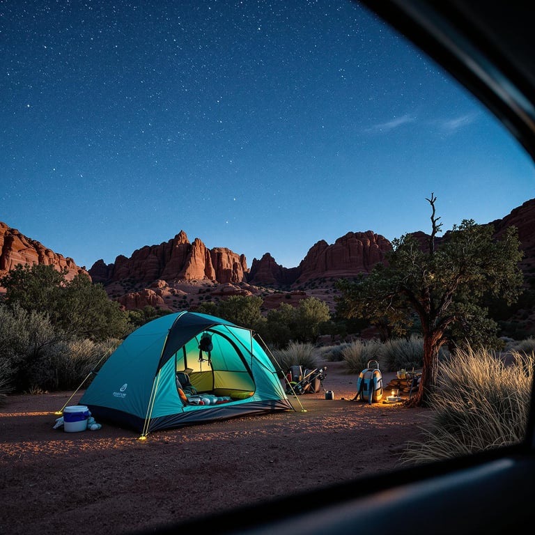 A cozy tent sits under a sky full of sparkling stars, surrounded by quiet, towering red rocks. A small campfire glows warmly as brush and trees stand nearby. It's a perfect night for stories and marshmallows in this peaceful desert haven.