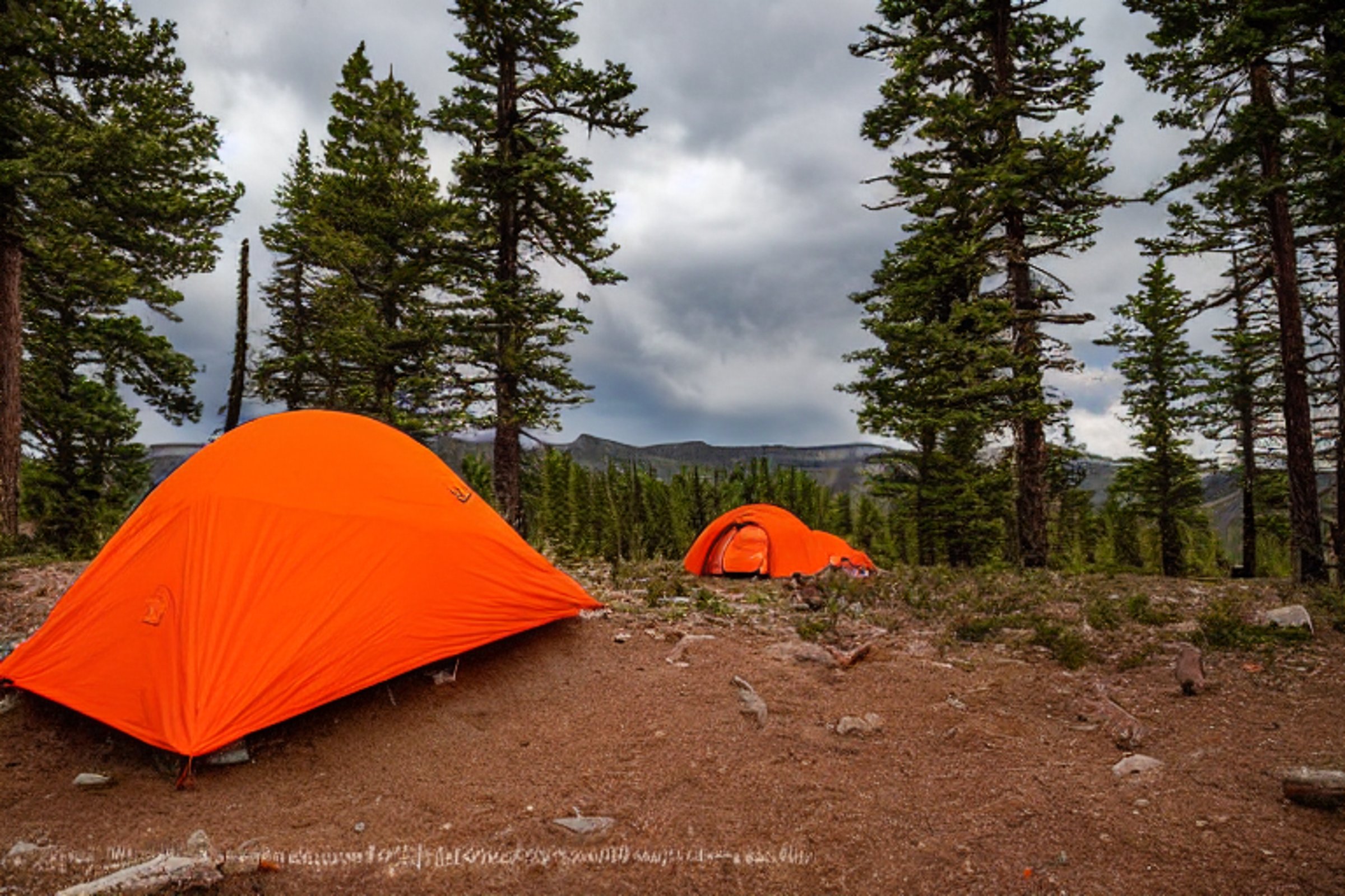 An orange tent sits on a paved campsite beneath tall trees and stormy skies. A small stream winds through the dirt, with a backpack nearby and a person holding a flashlight in the distance.