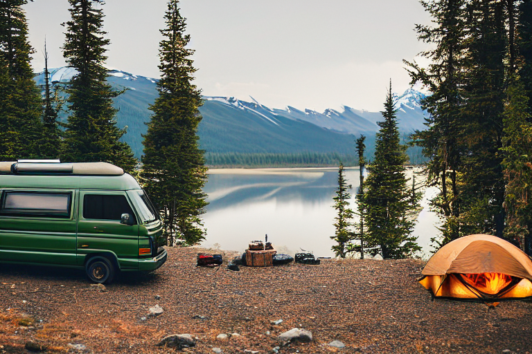 Two forest-green vans rest in the rainy Alaska wilderness at sunset. A warm campfire glows between stones beside a large rock, with a white cooler and camping gear nearby.