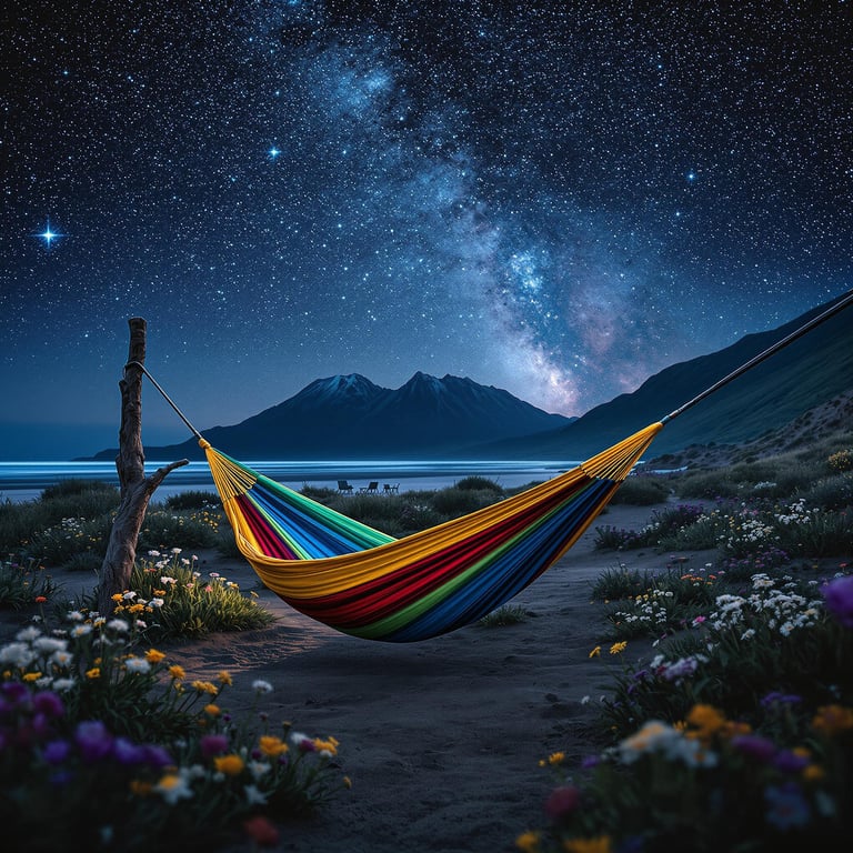 A bright rainbow hammock sways gently under a sky full of twinkling stars. Beautiful wildflowers bloom all around, while tall mountains stand quietly in the distance. It's a magical place where dreams come to life.