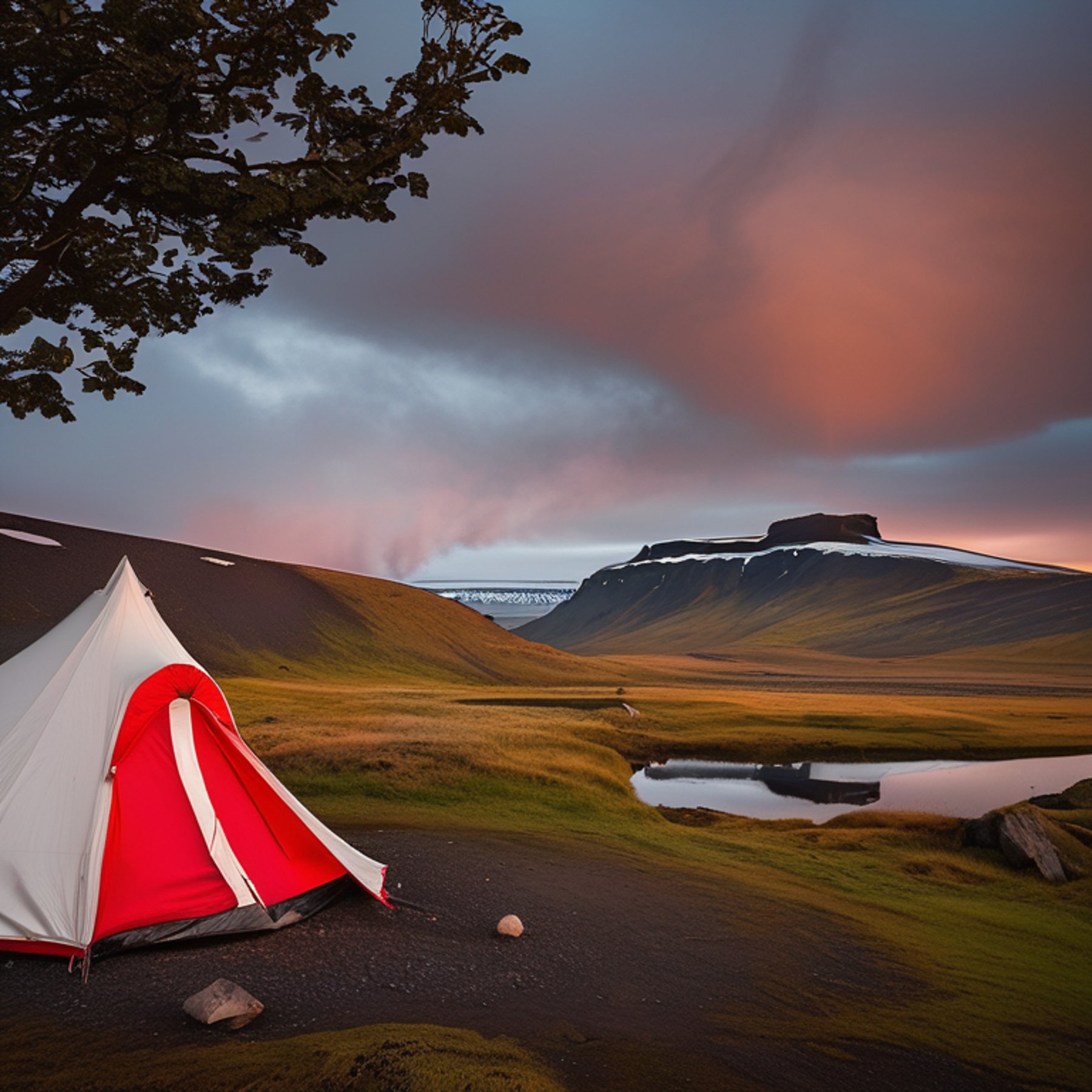 A red and white tent rests on a quiet dirt campsite in Iceland. Stone slabs, tall trees, and rolling hills surround a warm campfire with logs. Golden light shines through the soft fog, creating a peaceful evening mood.